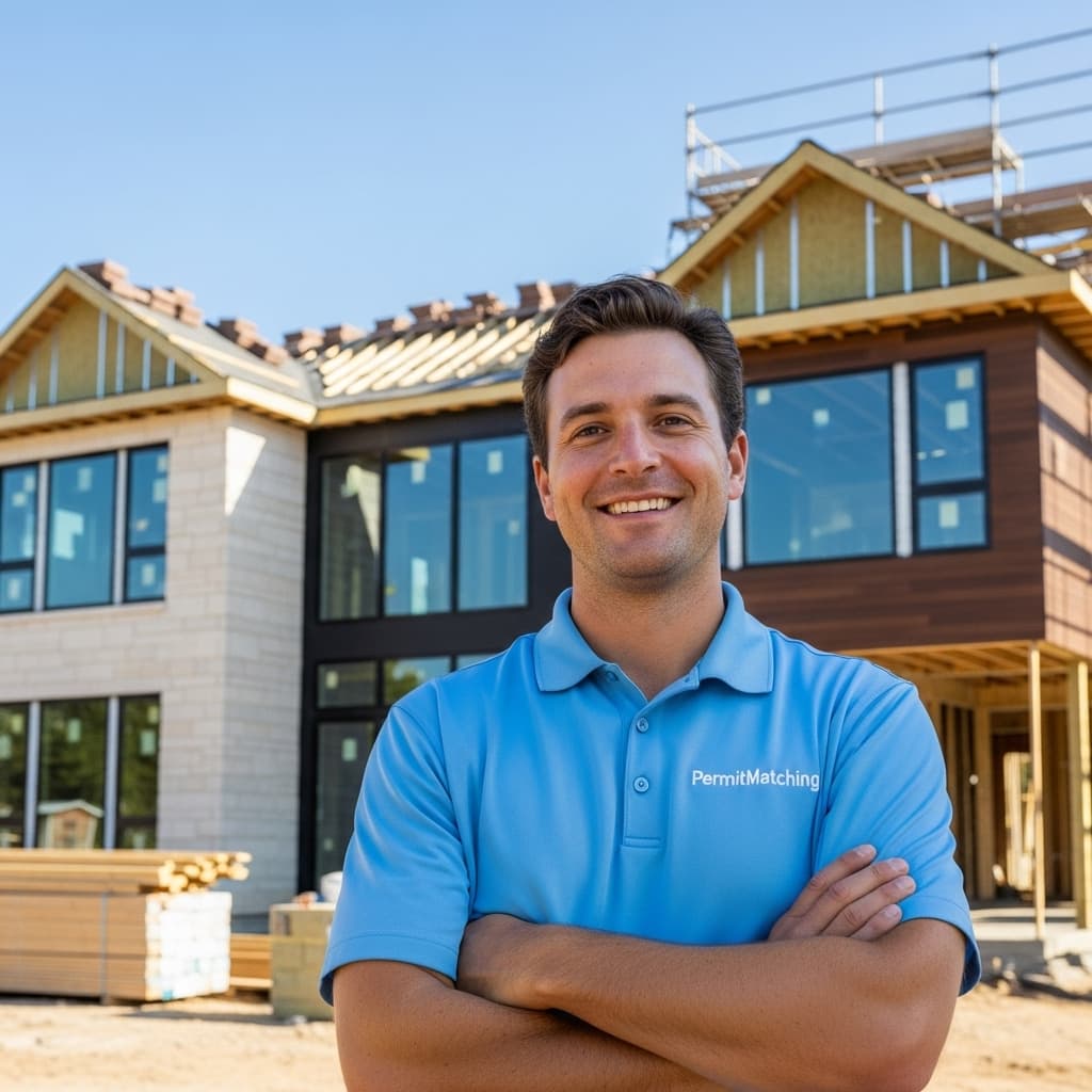 Permit Matching contractor on a Los Angeles County jobsite in front of a project under construction