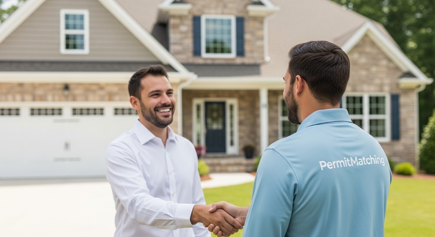 Permit Matching team member meeting with satisfied homeowner